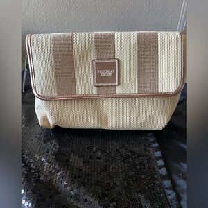 Victoria's Secret Striped Tan and Cream Cosmetic Bag